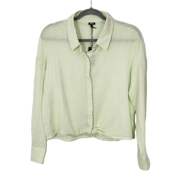 Monrow Semi-Sheer Light Green Button Down Crop Top NWT Size Large Green Crop Top - Picture 1 of 8